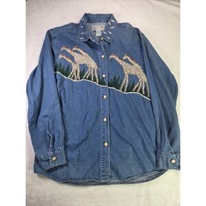 Vintage Denim Giraffe Shirt Womens Medium Embroidered Animal Safari Y2K...
